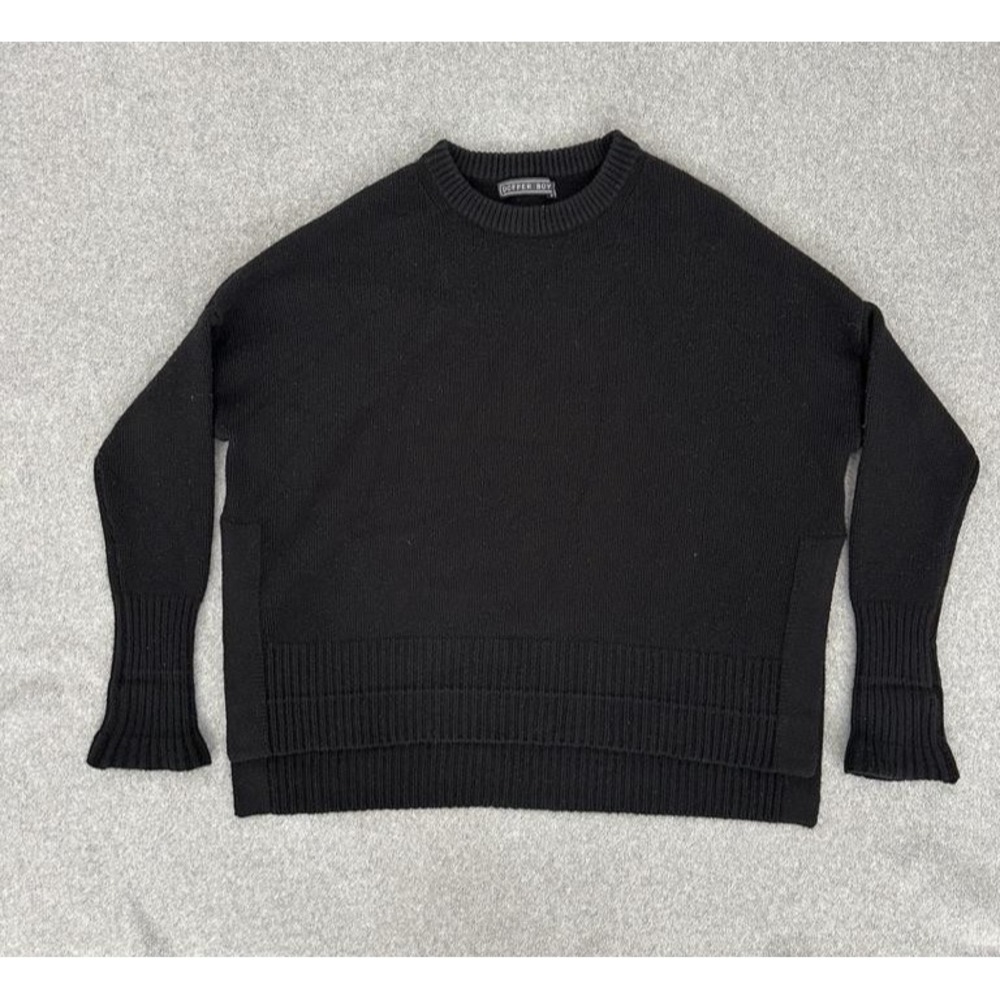 Doffer Boy Sweater Large Black 100% Cashmere Crewneck Ribbed‎ Boxy Side Slits